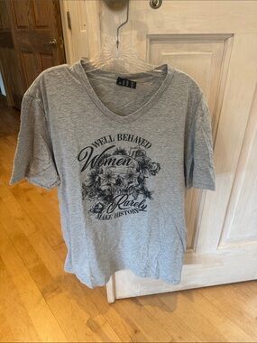 District Gray V-Neck Tee with Black Floral Skull Graphic